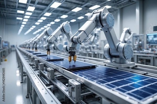 Fototapeta Wide Shot of Solar Panel Production Line with Robot Arms at Modern Bright Factory. Solar Panels are being Assembled on Conveyor.