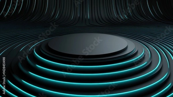 Fototapeta Dark, futuristic platform with teal neon lighting.
