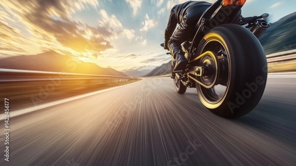 Fototapeta Dynamic motorcycle journey along an open road at sunset, showcasing freedom and speed