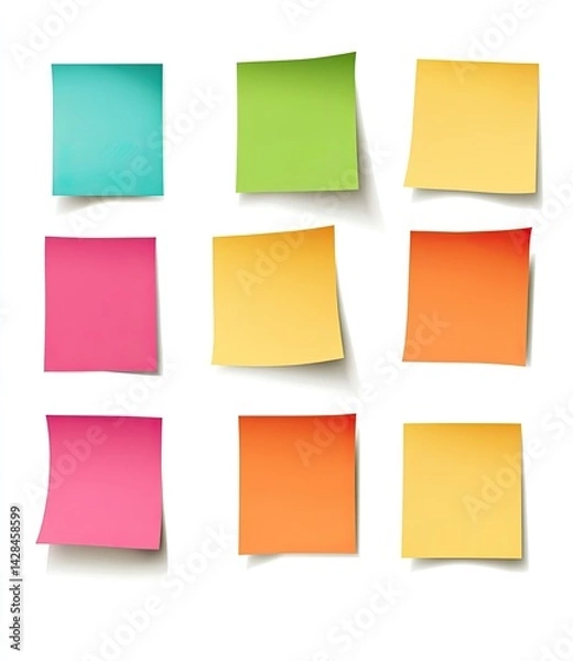 Fototapeta Nine colorful sticky notes isolated on white.