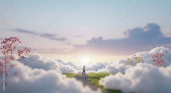 Obraz Ethereal journey through fluffy clouds at dawn with a lone figure embracing the serenity of nature and hopeful beginnings in a dreamy landscape Generative AI  nature, tranquility, serenity, flowers,