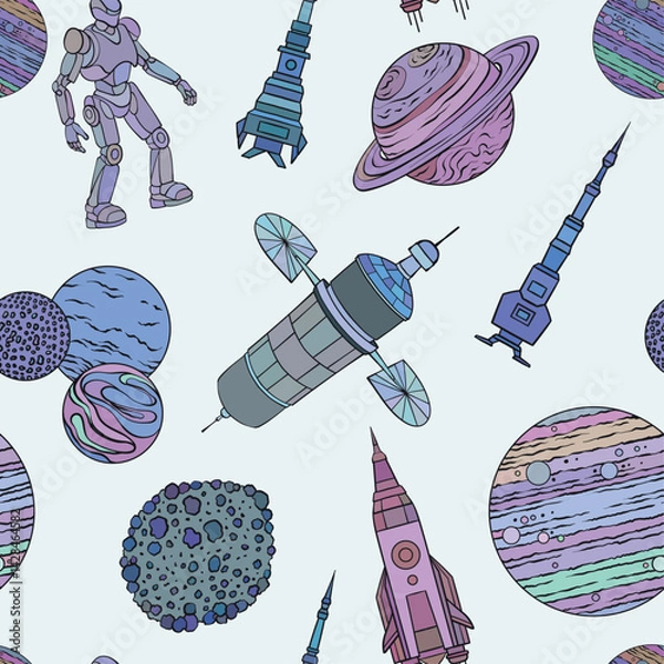 Fototapeta A colorful seamless pattern with featuring space elements such as rockets, planets, a robot, satellites, and asteroids, vector illustration