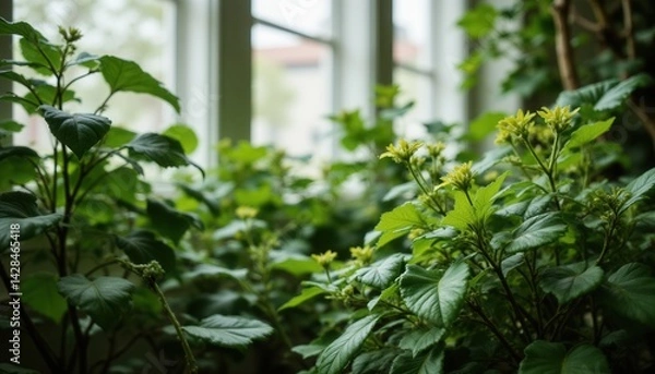 Fototapeta Lush Green Plants Flourishing by Big Windows Indoor Space Natural Light Serene Environment Nature Concept