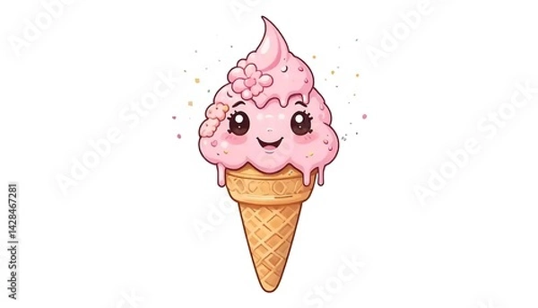 Fototapeta Cute Pink Ice Cream Cone with Smiling Face Cartoon Illustration