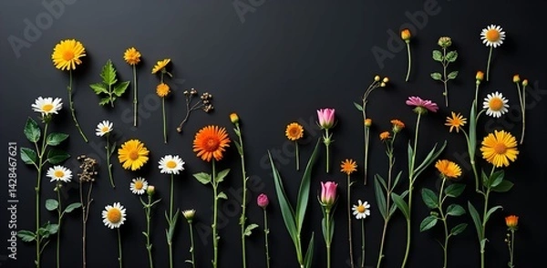 Obraz Floral symphony of vibrant blooms arranged artfully against a dark backdrop celebrating nature's elegance and diversity Generative AI