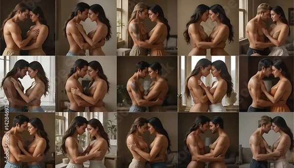 Fototapeta Diverse Loving Couple Embracing Tenderly in Various Intimate Indoor Scenes