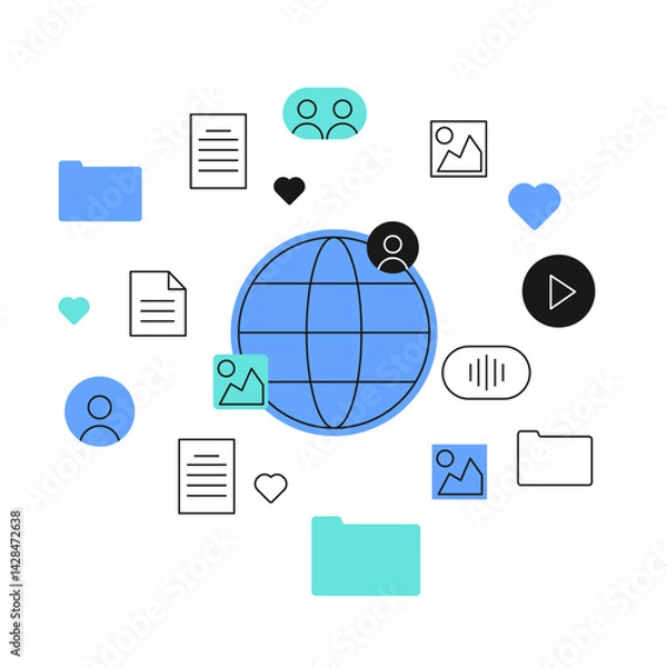 Fototapeta Vector concept of global communication and data sharing. Includes internet globe, documents, media icons, users, and folders. Represents cloud storage, digital interaction, and online content exchange