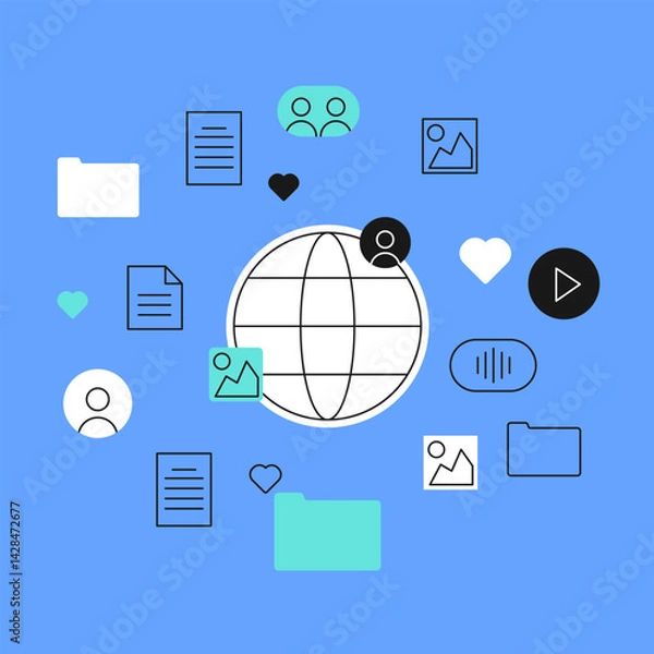 Fototapeta Vector concept of global communication and data sharing. Includes internet globe, documents, media icons, users, and folders. Represents cloud storage, digital interaction, and online content exchange