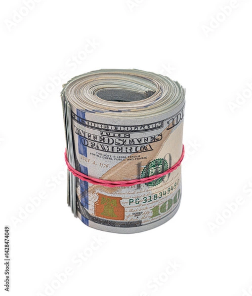 Obraz A thick roll of U.S. hundred-dollar bills secured with a red rubber band is displayed against a white background, symbolizing wealth, savings, or financial security.