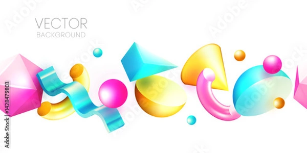 Fototapeta Seamless horizontal background with 3d geometric shapes. Abstract design for banner, poster. Vector illustration