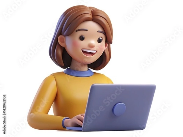 Fototapeta A smiling child and woman use a laptop for learning with wireless technology