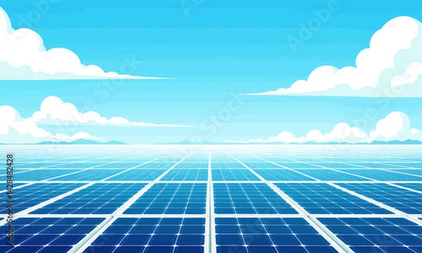 Obraz Cartoon Solar Panel Array Under Blue Sky and Clouds