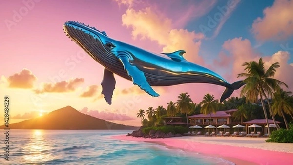 Obraz Platinum-colored whale flying in the clouds