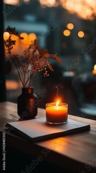 Fototapeta Cozy candlelit scene with flowers and a notepad on a wooden table.