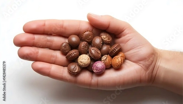 Fototapeta Holding Assorted Chocolate Candy in Hand on White Background