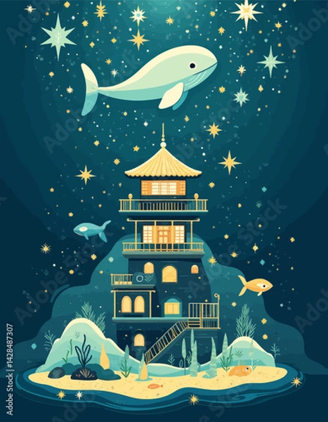 Obraz Fantasy Whale Above Pagoda on Starry Night