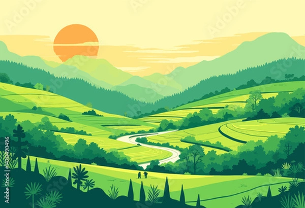 Obraz Green Valley Landscape with Winding Road and Hikers