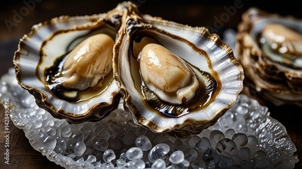 Fototapeta Elegant oyster, capturing natural beauty, intricate texture. Delicate shell with glistening, soft flesh.