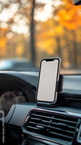 Fototapeta Blank screen mobile phone in man's hand while driving (Mockup for navigation app). Smartphone in Car Mount with Autumn Background