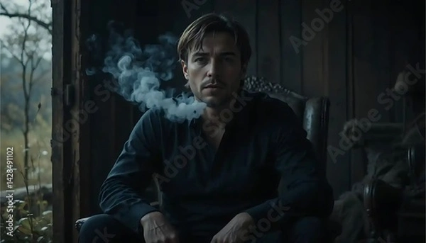 Fototapeta Man Smoking Inside Rustic Cabin Setting with Somber Mood