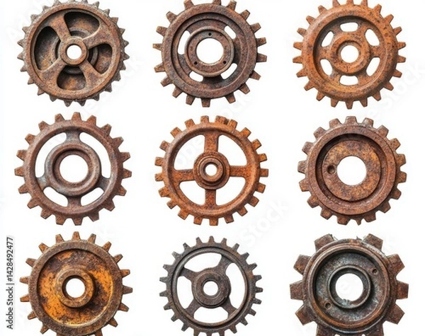 Fototapeta Collection of grunge cog wheels and gears isolated on a transparent background