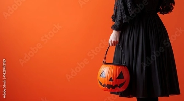Obraz A beautiful woman in a witch costume holding a Halloween bucket with a painted pumpkin on an orange background. 