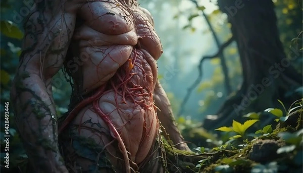 Fototapeta Mysterious Forest Creature Covered in Vines with Visible Veins Illustration