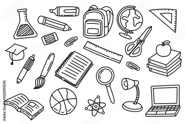 Obraz Set of back to school doodle elements with cute design on a white background