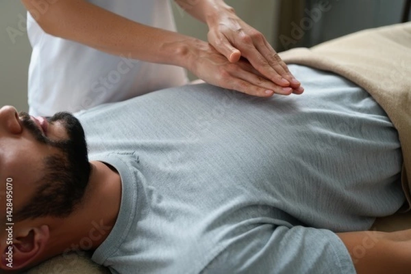 Fototapeta close-up view of bearded man receiving reiki healing session above stomach and chest
