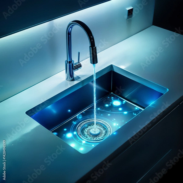 Obraz Modern kitchen sink with LED lighting. Stylish stainless steel sink with contemporary faucet illuminated by blue LED lights creating futuristic ambiance.