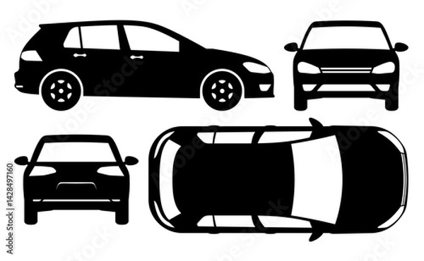 Obraz Hatchback car silhouette on a white background. Vehicle icons set view from the side, front, back, and top