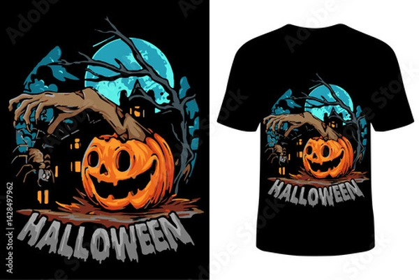Obraz Halloween T-Shirt Design with Witch Hat, Bats, and Horror Elements for October 31st Celebrations and Themed Apparel
