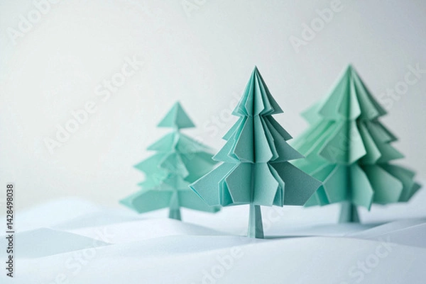 Obraz Origami Forest with Green Trees and Vibrant Yellow Flowers on Plain Background