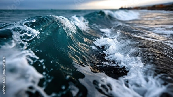 Fototapeta Deep Blue Ocean Wave Crashing Near Shore with Foam and Sunset Sky in Background