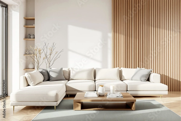 Obraz Contemporary living room with beige sectional sofa, wood coffee table, and vertical panel wall in minimalist design on bright background. Ai generative