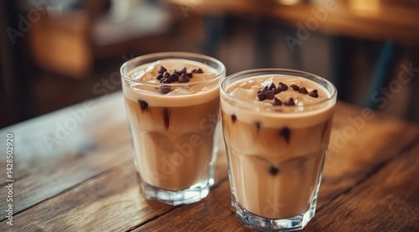 Obraz Two glasses of iced latte coffee on a wooden table in a cafe, with the focus on the glass with milk 