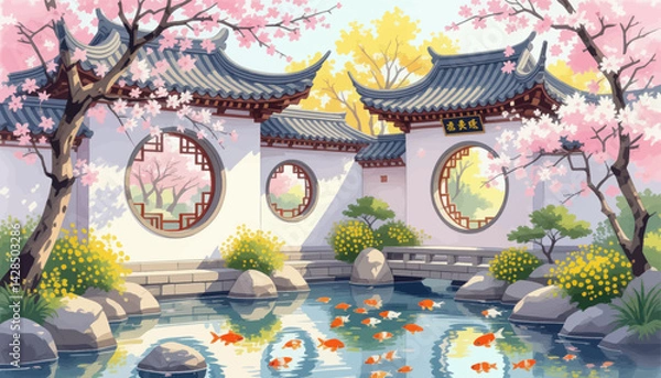 Obraz Tranquil Asian Garden with Koi Pond and Cherry Blossoms