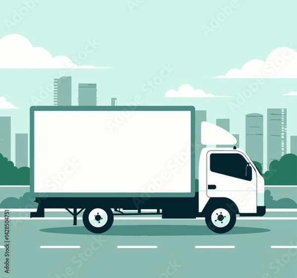Obraz White delivery truck with blank billboard in city scene