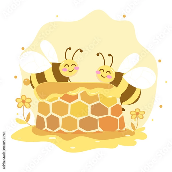 Fototapeta  Bees and honeycomb coloring cute bee family making honey in a cartoon hive vector flat