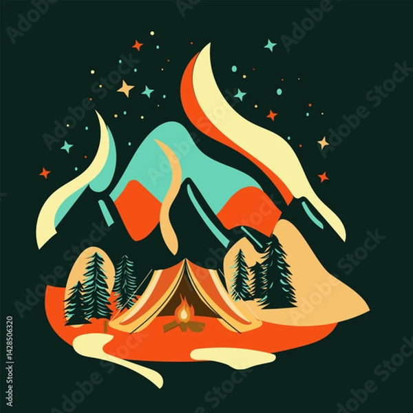 Fototapeta Groovy style illustration camping in the mountain in the night, bright colored illustration flat vector