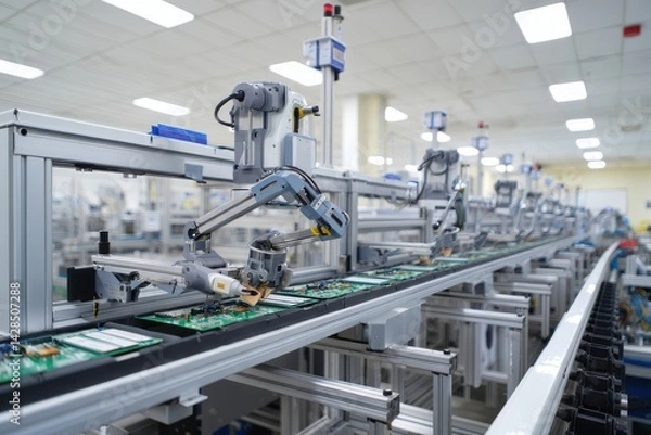 Fototapeta Advanced Bright Modern Pharmaceutical Factory. Medical Ampoule Production Line. Rows of Glass Vials with Orange Caps on Conveyor Belt. Vaccine Production Facility. Medication Manufacturing Process.