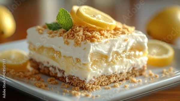 Fototapeta Delicious lemon dessert layered with whipped cream and graham cracker crumbs.  Fresh lemon slices and mint garnish