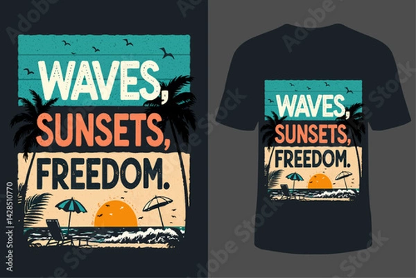 Obraz Colorful Summer T-Shirt Design Featuring Sunset, Surfboard, and Ocean Illustration for Beachwear, Holidays, and Casual Fashion