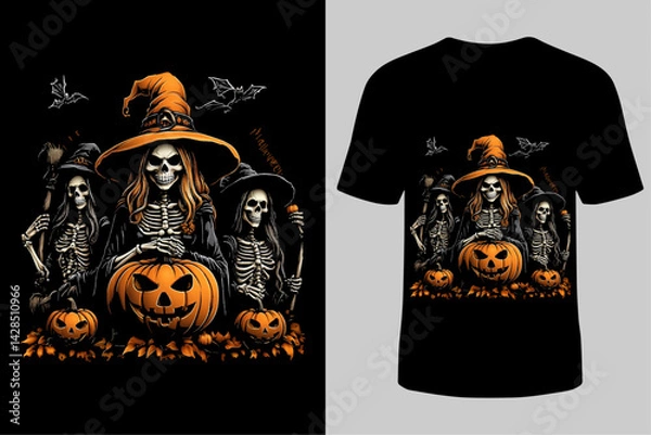 Obraz Halloween T-Shirt Design Featuring Scary Pumpkins, Ghosts,  Trick-or-Treat Outfits and Festive Clothing Prints
