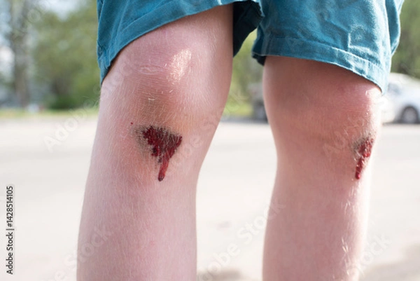 Fototapeta Close-up of a 12 year old child's leg injury. The child fell from a scooter onto the pavement, injuring his knee. Blood is flowing from the wound.