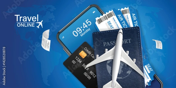 Obraz Airplane is taking off from passport with location pin. Luggage blue, air ticket and cloud float away. For media tourism advertising banner design. Holiday travel and Transport concept. 3D Vector.