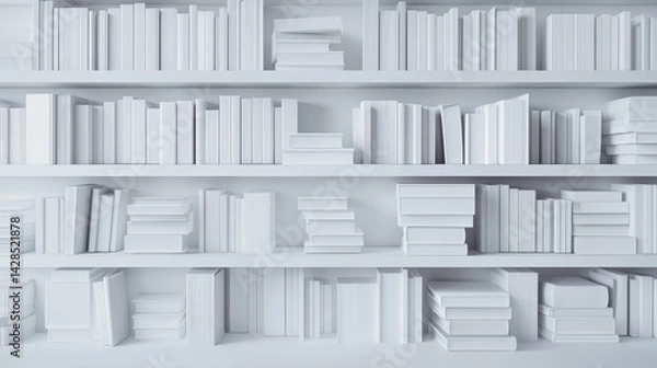 Fototapeta Stylish and minimal white bookshelf scene, filled with symmetrical stacks of same-sized white volumes