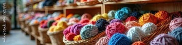 Fototapeta Colorful yarn store display with vibrant thread balls in baskets