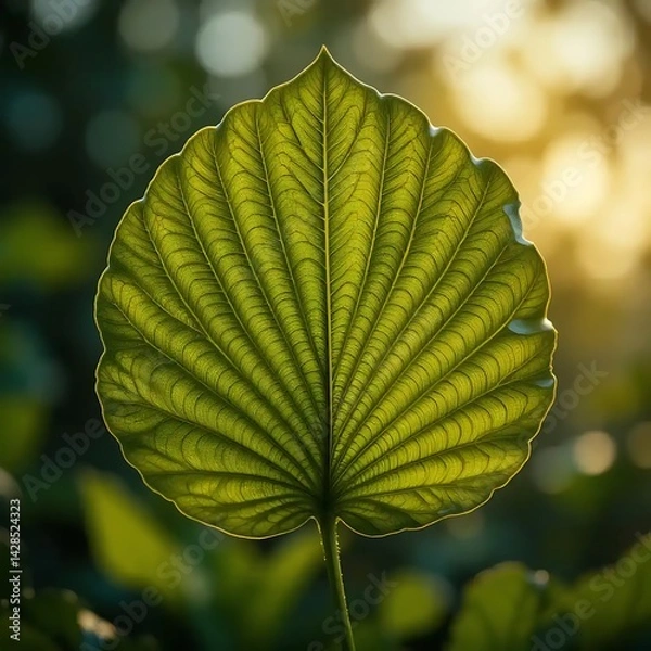 Fototapeta Close-up of Vibrant Green Leaf with Detailed Veins in Soft Sunlight