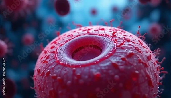 Fototapeta Close-up of Virus Cell with Spikes and Hole on Pink Surface